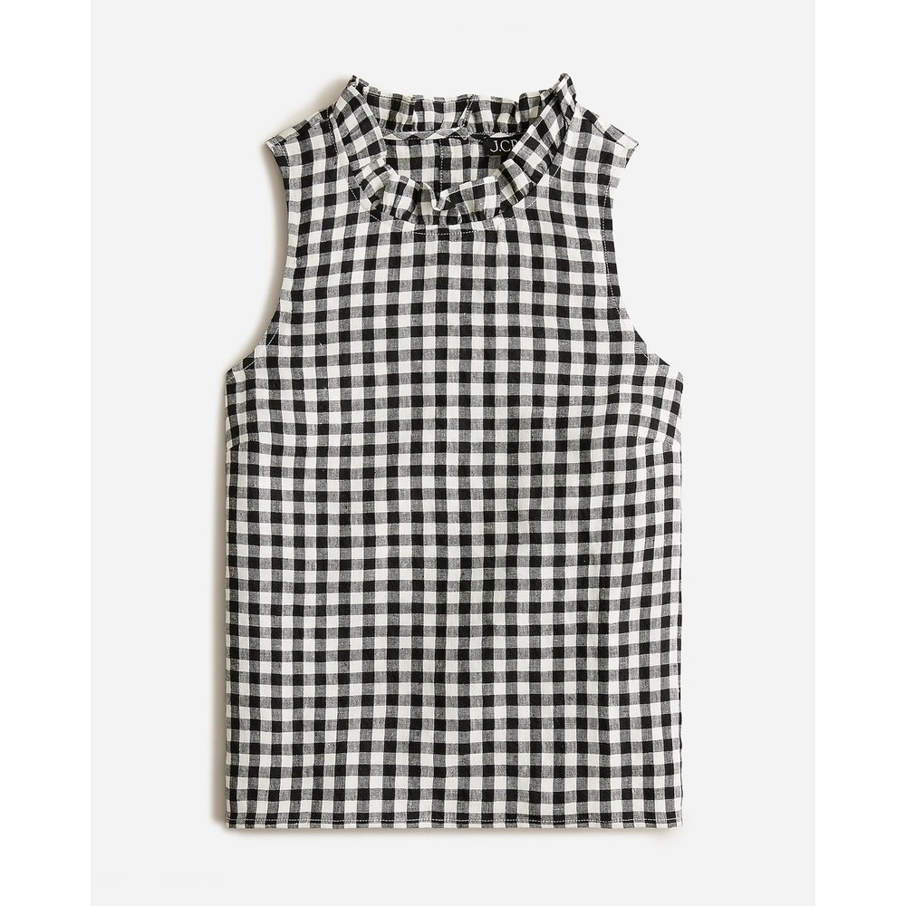 J.Crew Fleur Black White Gingham Linen Ruffle Neck Sleeveless Top Large